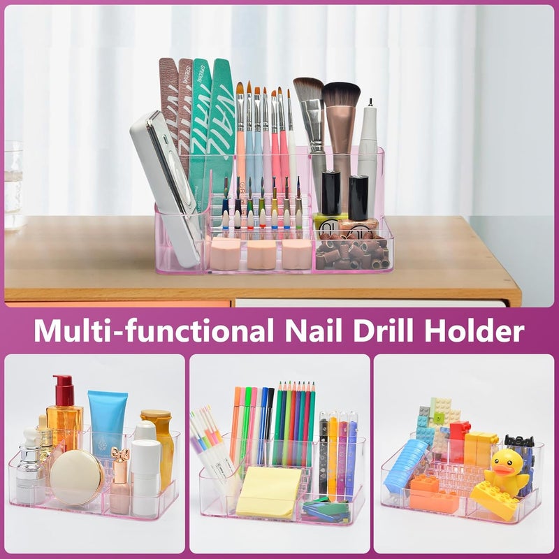 CGBE Nail Drill Holder, 28 Holes Transparent Acrylic Drill Bit Holder for Nails, Professional Nail Tool Organizer and Nail Desk Organizer -Pink (Not Including Nail Drill Machine & Bit) - Image 5